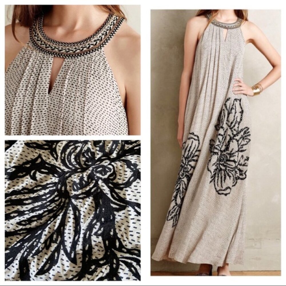 Anthropologie Ranna Gill Grandiflora Beaded Floral Brown Sleeveless Maxi Dress L